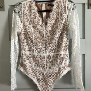 Boohoo white eyelash lace long sleeve bodysuit